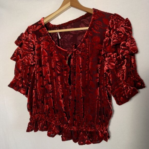 Free People Tops - Free People Velveteen Dream Shirt S Red Floral Velour Crop Peasant Ruffle V Neck